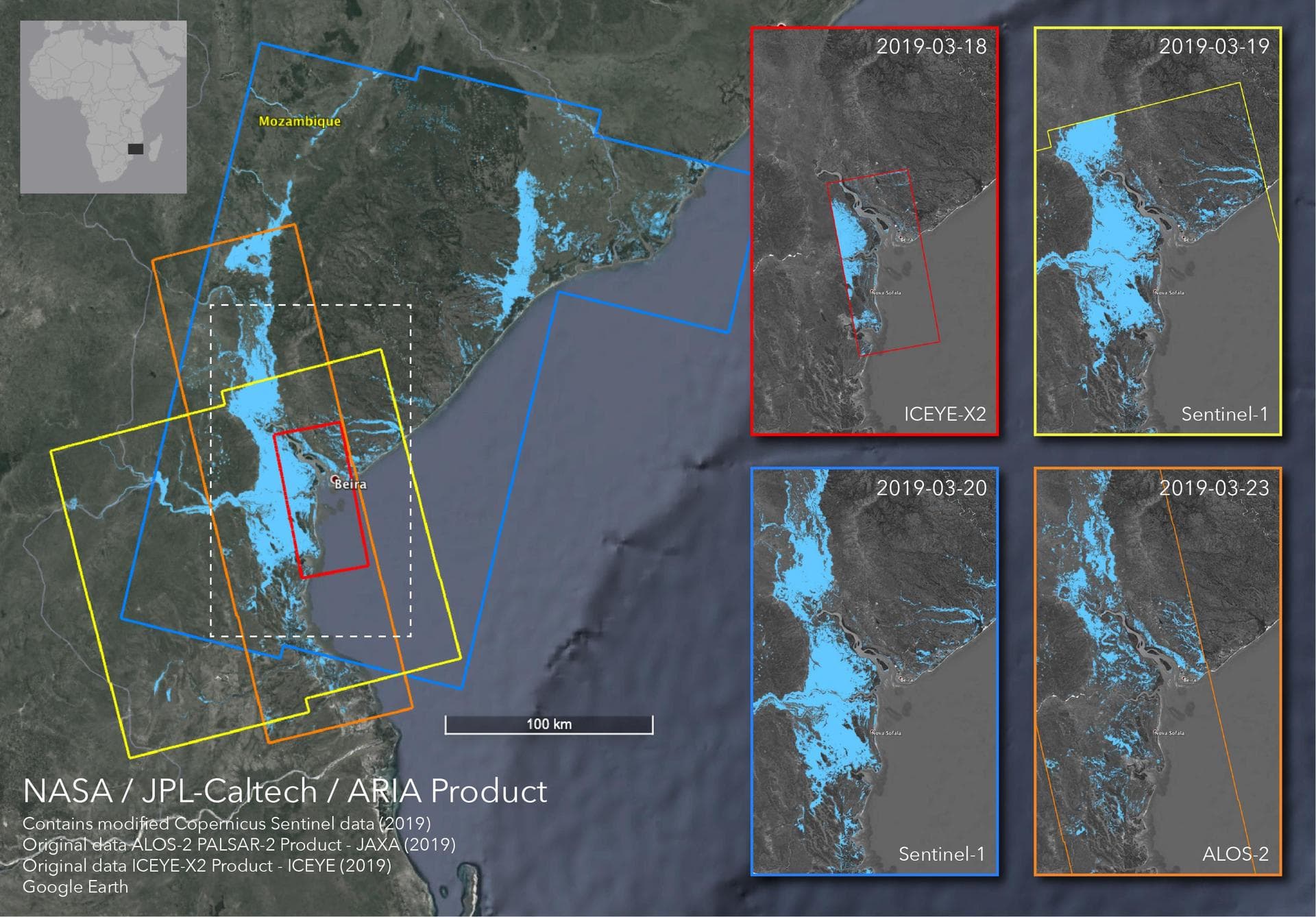 The Advanced Rapid Imaging and Analysis (ARIA) team at NASA's Jet Propulsion Laboratory in Pasadena, California, created these flood proxy maps depicting areas of Mozambique that are likely flooded as