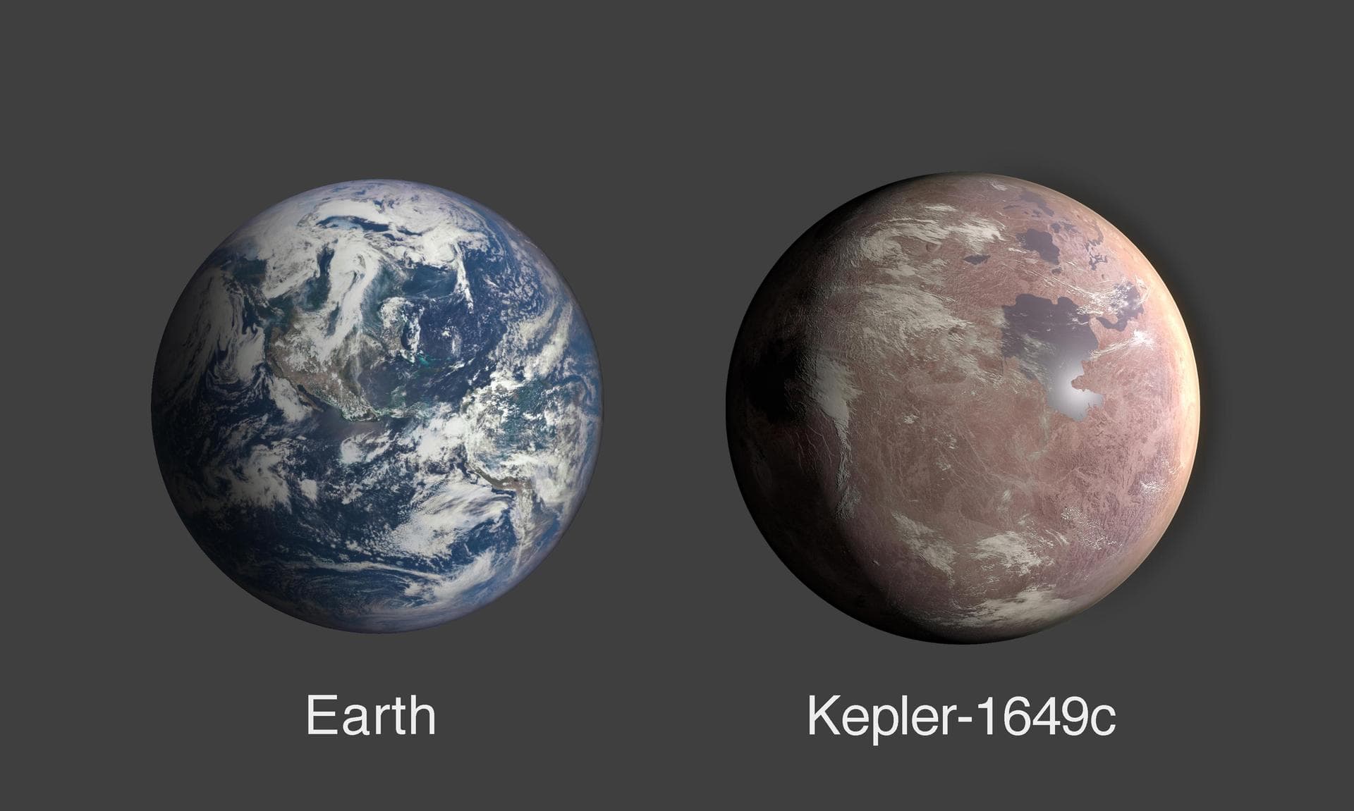 This graphic compares the size of Earth and Kepler-1649c, an exoplanet only 1.06 times larger than Earth by radius.  https://photojournal.jpl.nasa.gov/catalog/PIA23774