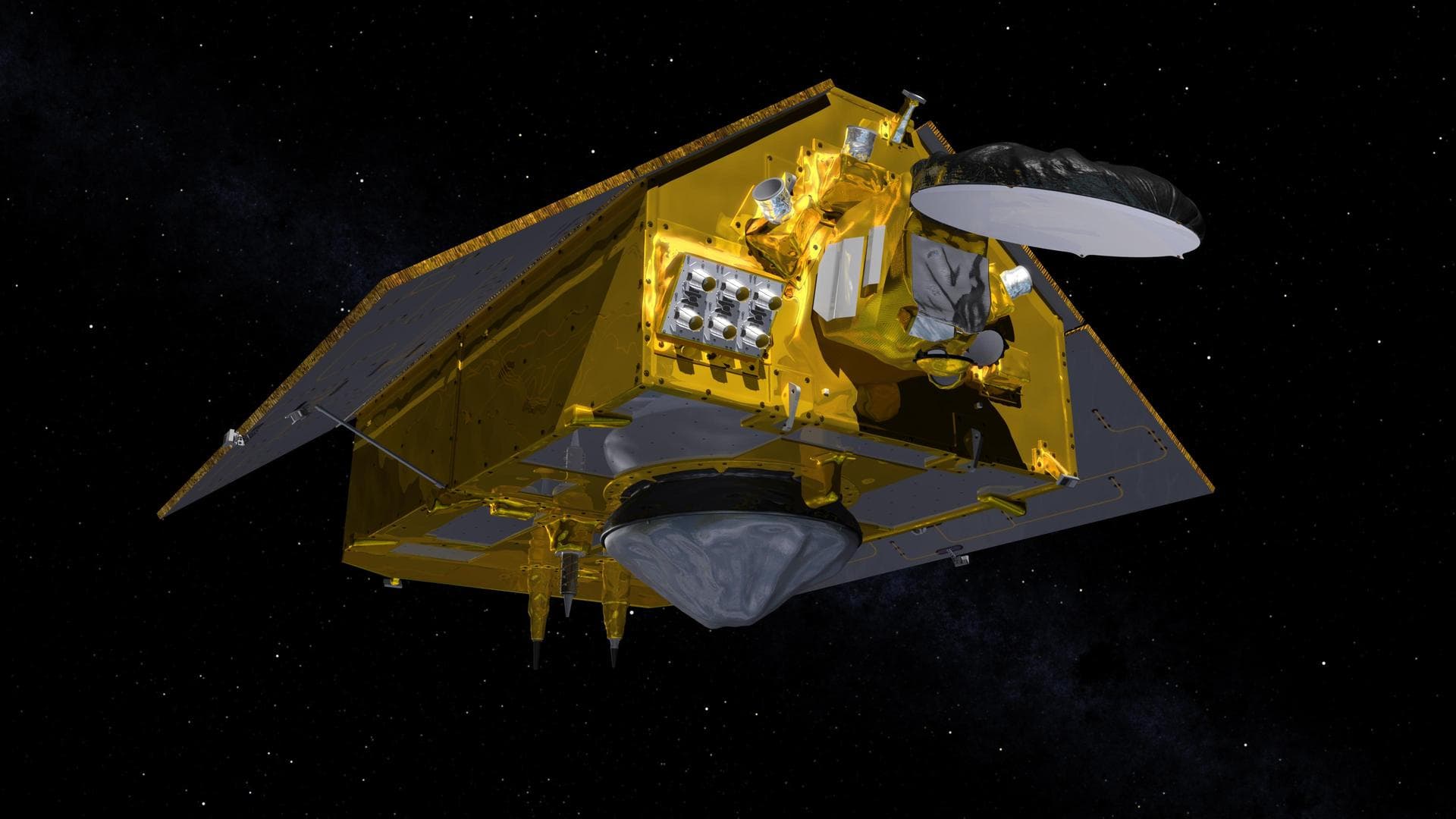 This illustration shows the front of the Sentinel-6 Michael Freilich spacecraft in orbit above Earth with its deployable solar panels extended. As the world's latest ocean-monitoring satellite, it is