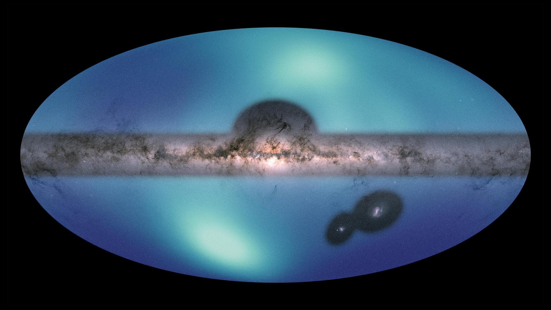 Images of the Milky Way and the Large Magellanic Cloud (LMC) are overlaid on a map of the surrounding area, our galaxy's galactic halo. Dark blue represents a low concentration of stars; lighter blues