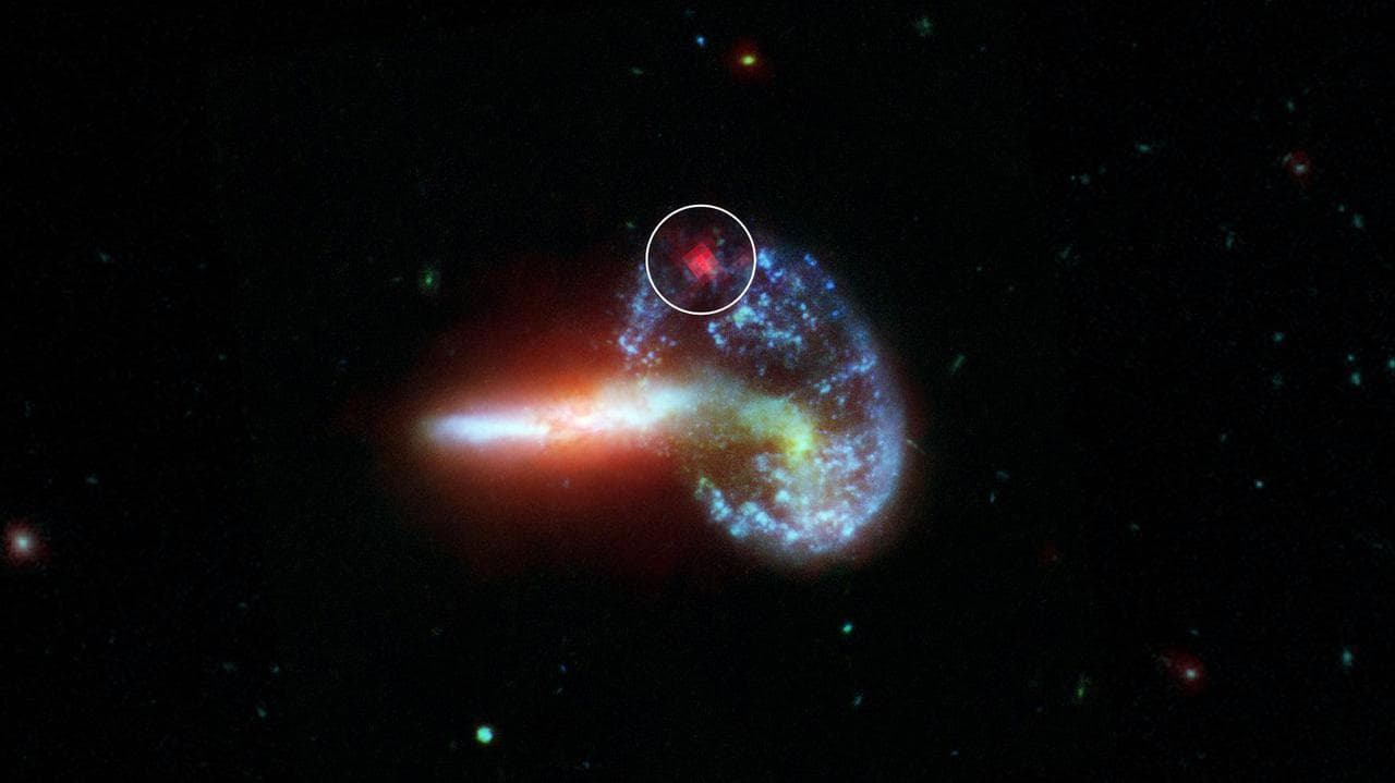 This image shows galaxy Arp 148, captured by NASA's Spitzer and Hubble telescopes. Inside the white circle is specially-processed Spitzer data, which reveals infrared light from a supernova that is hi