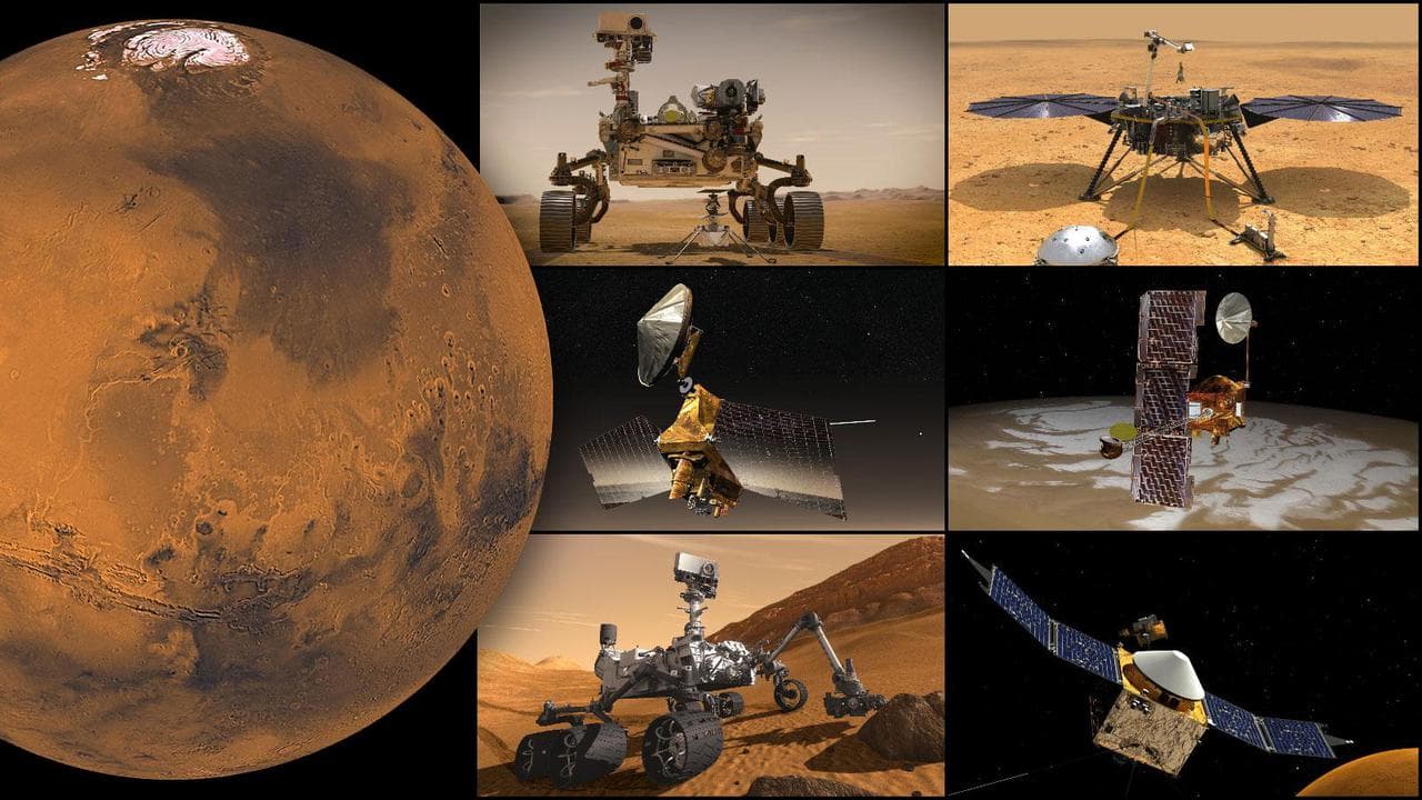 NASA's Mars missions, clockwise from top left: Perseverance rover and Ingenuity Mars Helicopter, InSight lander, Odyssey orbiter, MAVEN orbiter, Curiosity rover, and Mars Reconnaissance Orbiter. http