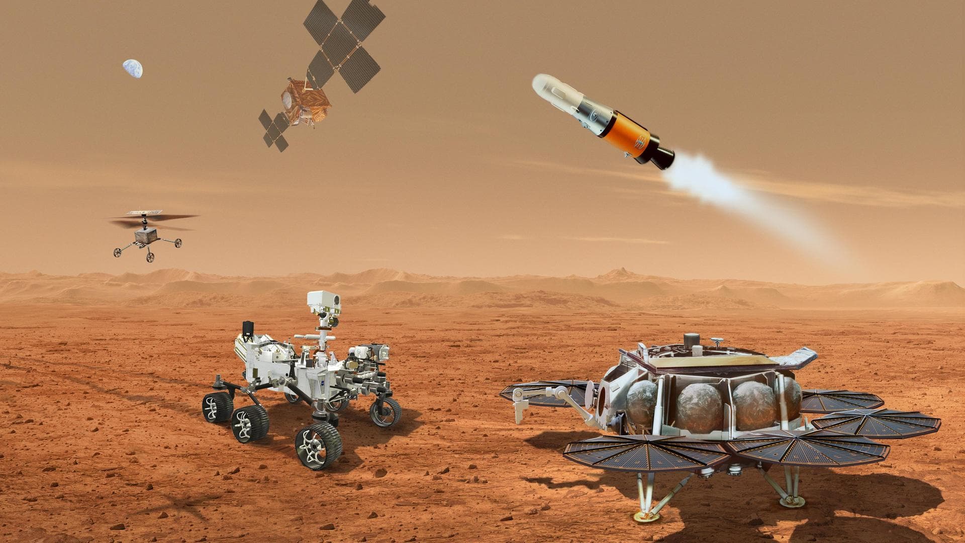 This illustration shows a concept for multiple robots that would team up to ferry to Earth samples of rocks and soil being collected from the Martian surface by NASA's Mars Perseverance rover.  NASA a