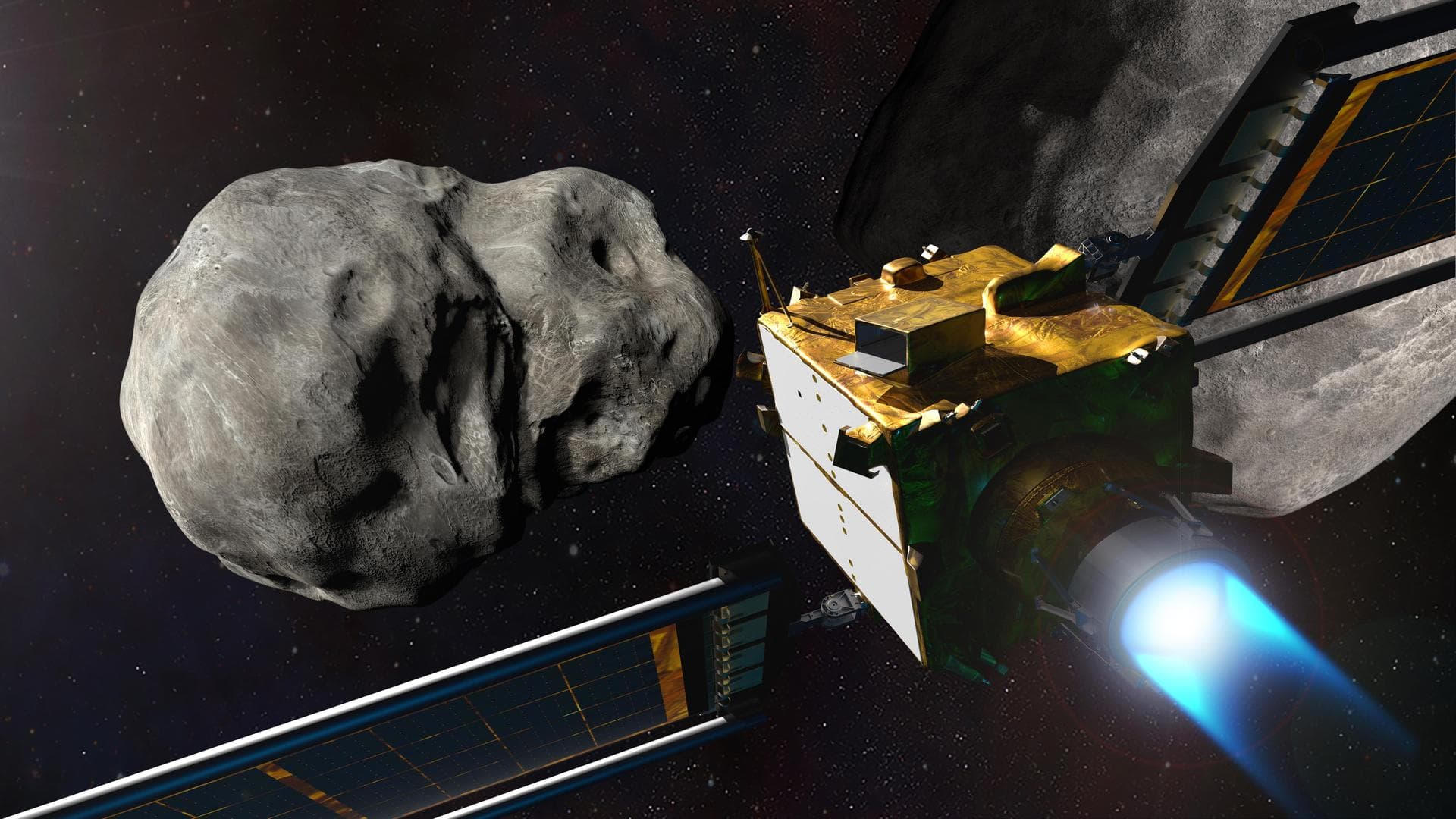 This illustration depicts NASA's Double Asteroid Redirection Test (DART) spacecraft prior to impact at the Didymos binary asteroid system.      DART's target asteroid is the moonlet Dimorphos, which o