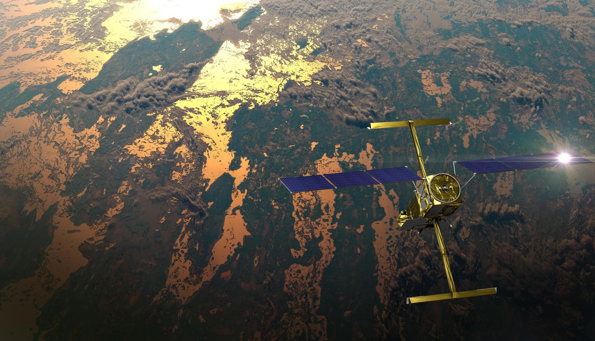 The international Surface Water and Ocean Topography (SWOT) satellite is shown in orbit over Earth in this illustration, with sunlight glinting off one of its solar arrays and both antennas of its Ka-