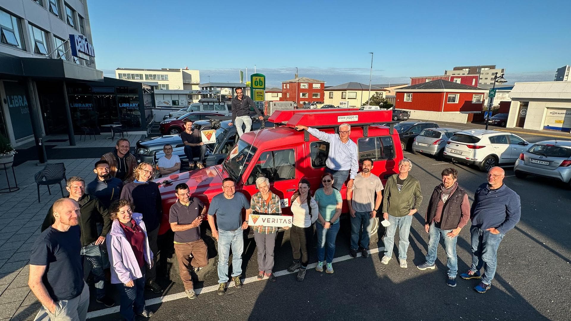 Members of the VERITAS science team pause for a photograph on July 31, 2023, after arriving in Iceland to begin a two-week campaign to study the volcanic island's geology to help the team prepare for 