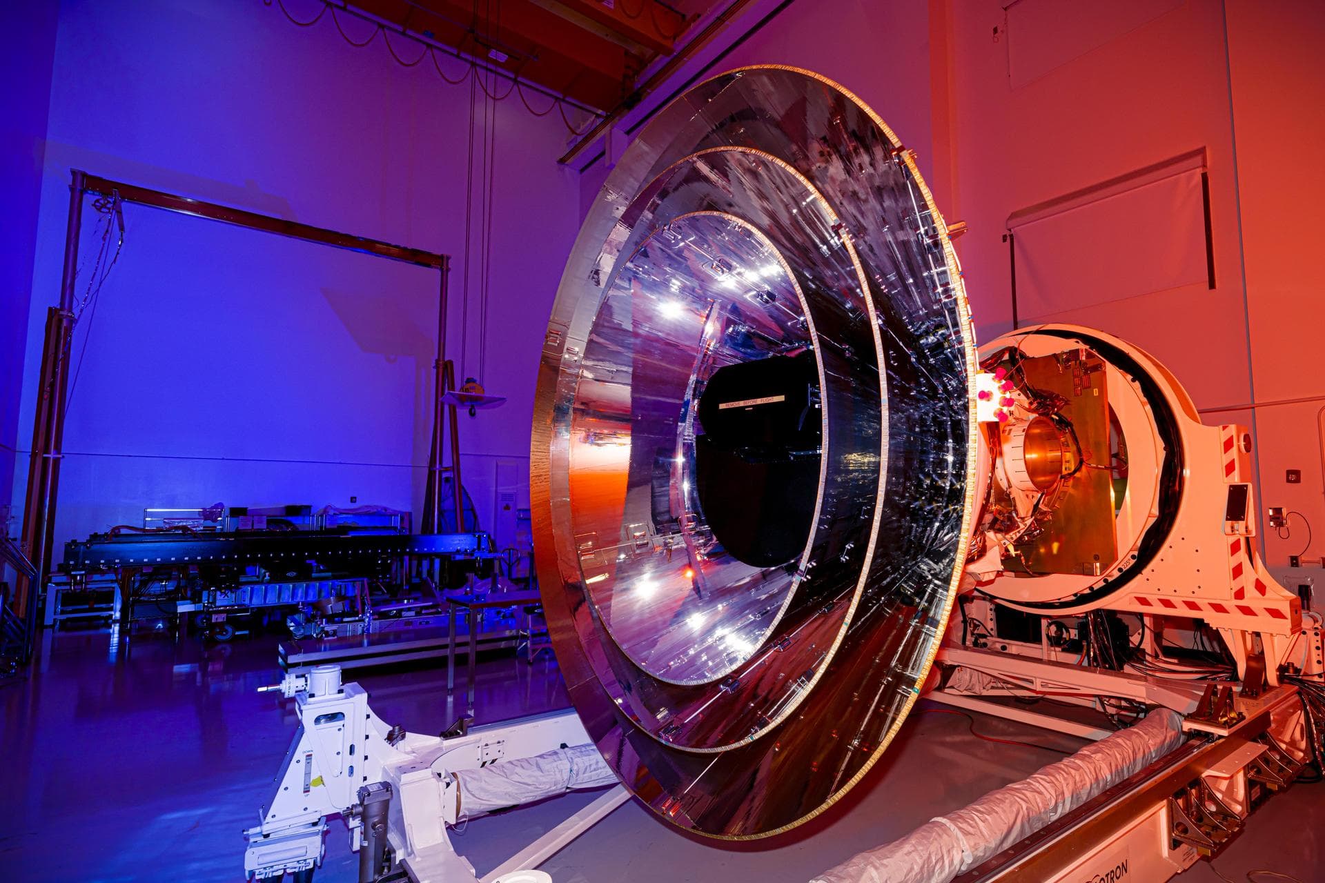 NASA's SPHEREx observatory undergoes integration and testing at BAE Systems in Boulder, Colorado, in April 2024.  Short for Spectro-Photometer for the History of the Universe, Epoch of Reionization an