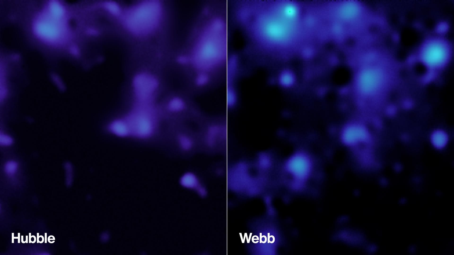These images show the presence of dark matter in the same region of sky, created using data from NASA’s Webb telescope in 2026 (right) and from the Hubble Space Telescope in 2007 (left). Webb’s higher