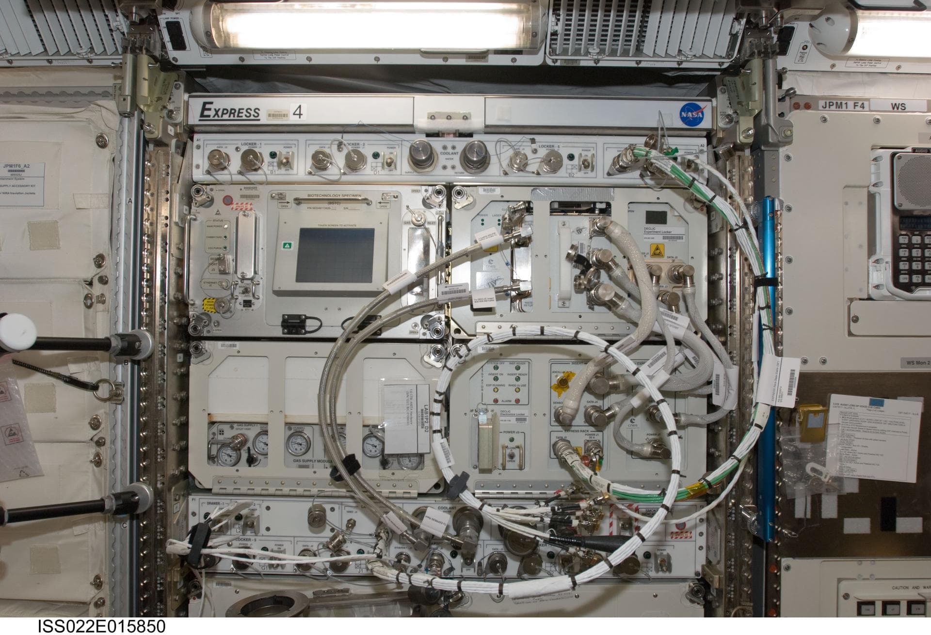 iss022e015850 (12/30/2009) --- The image shows a front view of EXpedite the PRocessing of Experiments to Space Station EXPRESS Rack 4 (Rack 4,JPM/1F5) in the Japanese Experiment Module (JEM) Japanese 