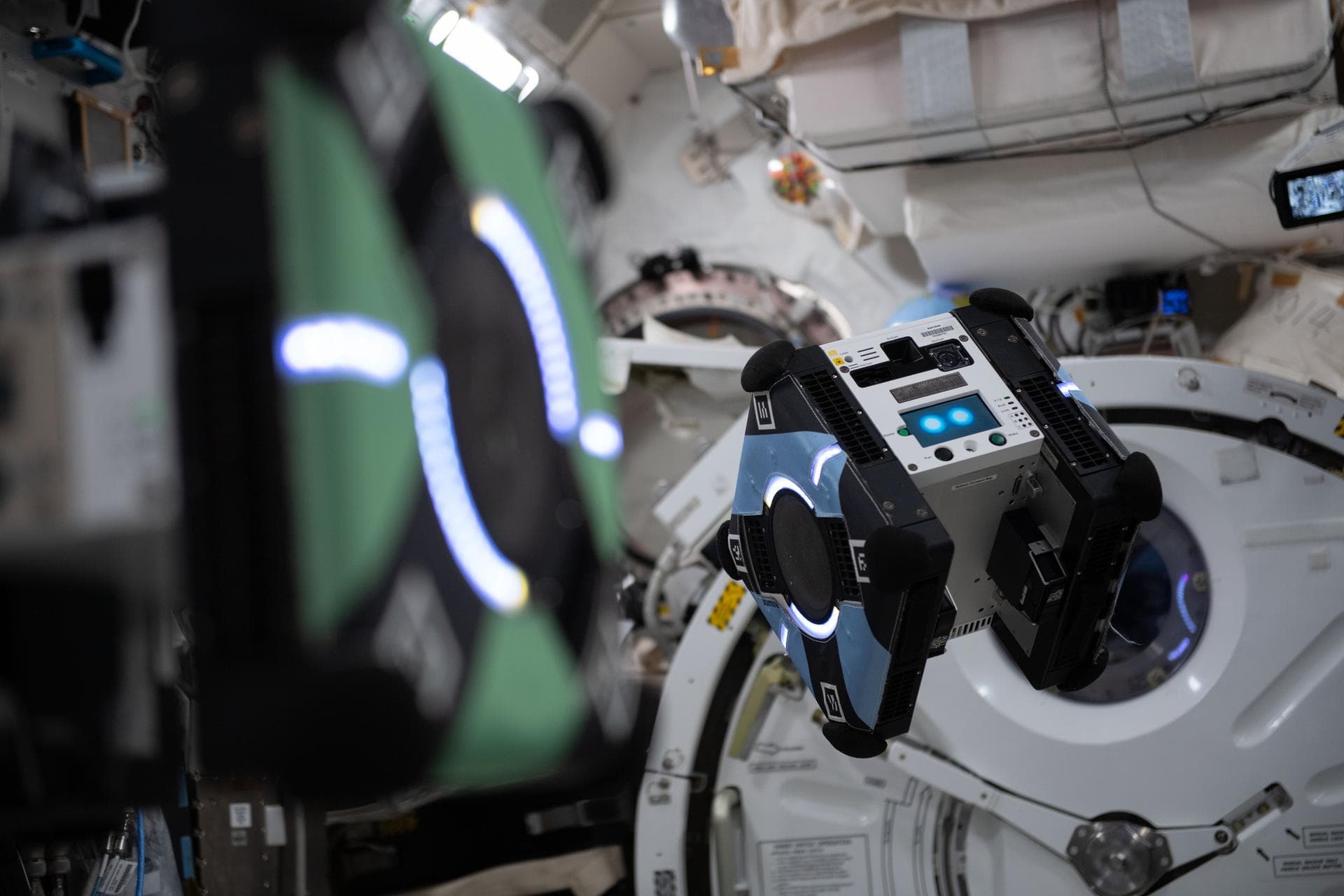 iss066e134729 (Feb. 2, 2022) --- A view of an Astrobee ROAM Operations Session 2 in the JEM during Expedition 66. ROAM demonstrates processes for a robotic craft to rendezvous with debris in space. Sp