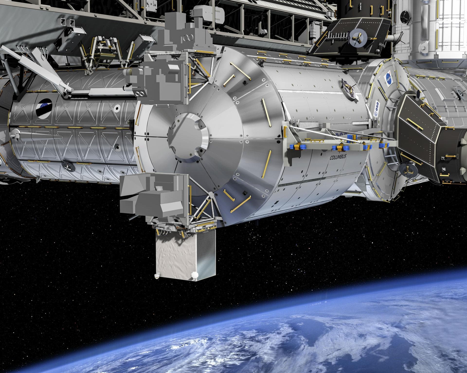 jsc2025e015676 (3/6/2025) --- The Atomic Clock Ensemble in Space (ACES) facility attached to the exterior of ESA's Columbus facility on the International Space Station. By creating a "network of clock