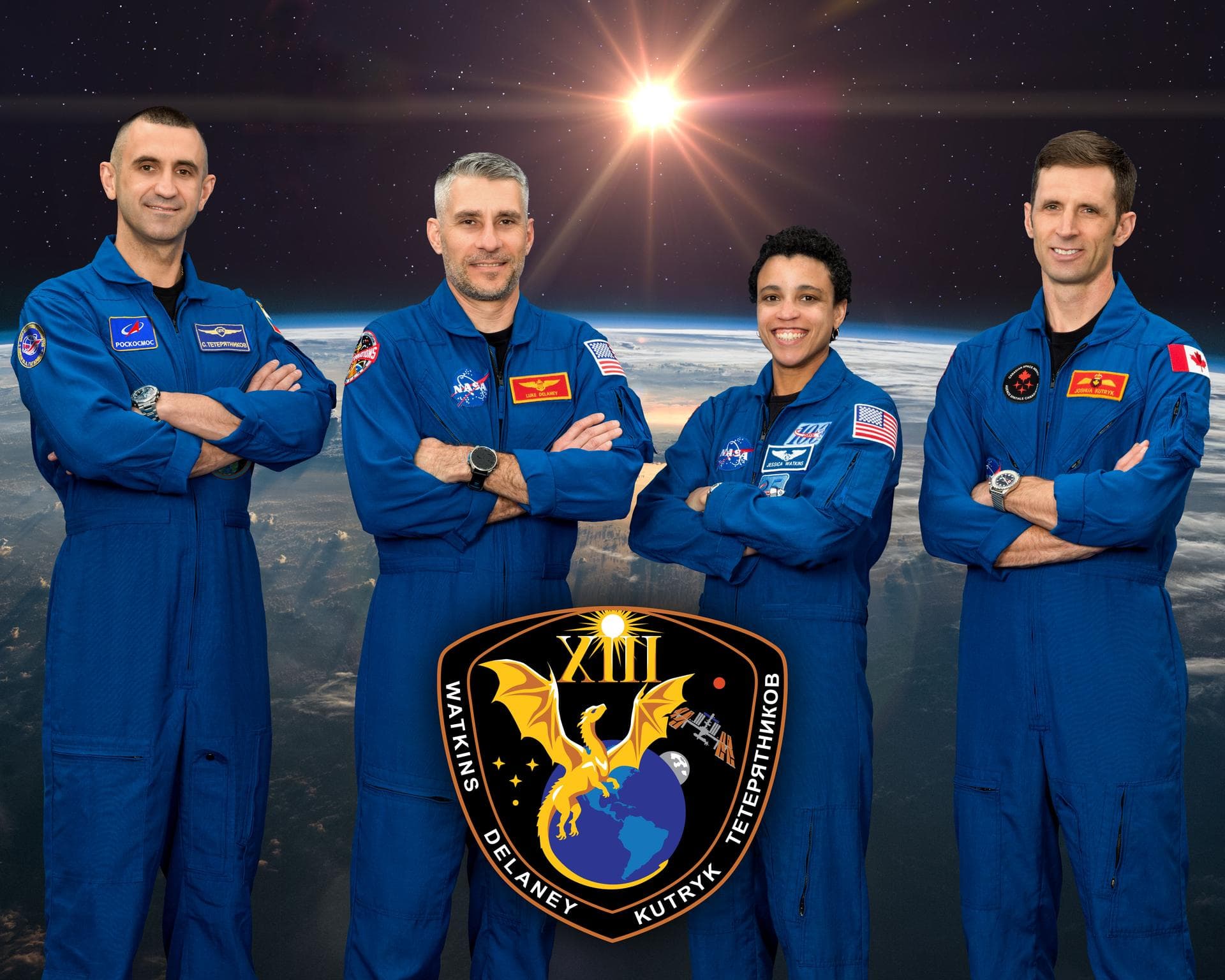 jsc2026e401203 (Apr. 4, 2026) --- The four members of NASA's SpaceX Crew-13 mission to the International Space Station pose together for an official crew portrait. From left are, Roscosmos cosmonaut a