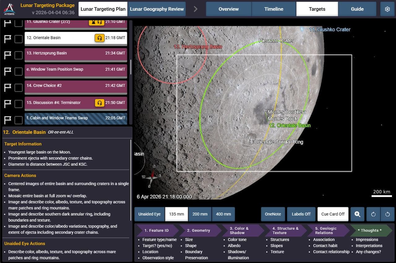 Caption: This is a screen shot of the application the crew sees on their personal computing devices that guides them in the execution of the lunar science observation plan. This custom software was bu