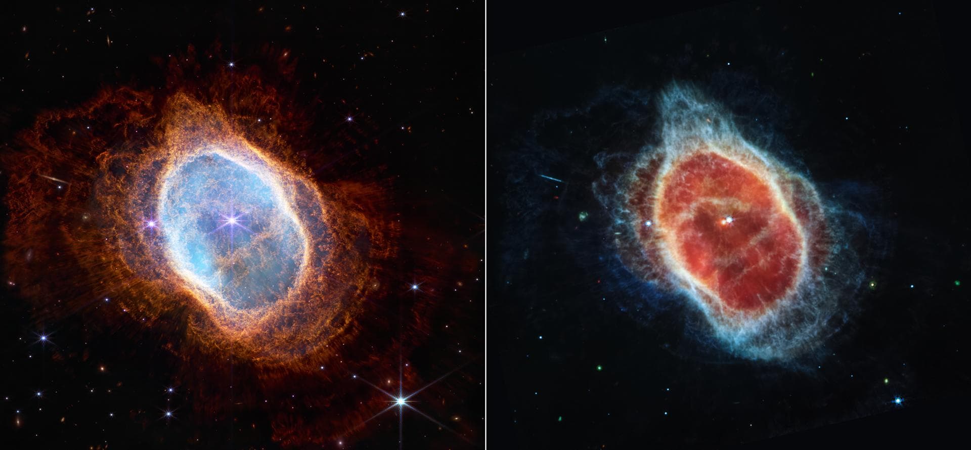 This side-by-side comparison shows observations of the Southern Ring Nebula in near-infrared light, at left, and mid-infrared light, at right, from NASA’s Webb Telescope. This scene was created by a