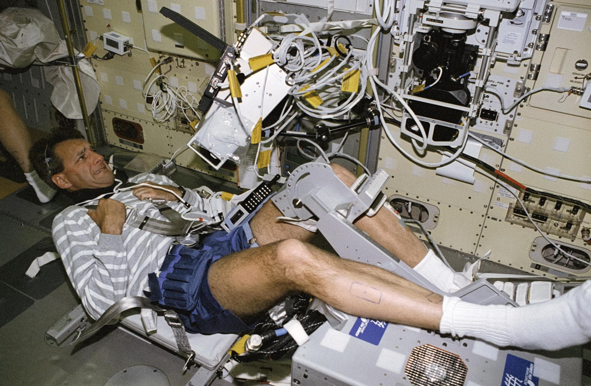 STS078-430-009 (20 June-7 July 1996) --- Astronaut Richard M. Linnehan, mission specialist, performs a test on his leg using the Torque Velocity Dynamometer (TVD). Dr. Thirsk was measuring changes in 