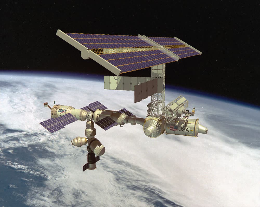 An artist's conception of what the final configuration of the International Space Station (ISS) will look like when it is fully built and deployed. The ISS is a multidisciplinary laboratory, technolog