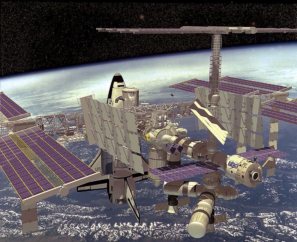 Artist's concept for Phase III of the International Space Station (ISS) as shown here in its completed and fully operational state with elements from the United States, Europe, Canada, Japan, and Russ