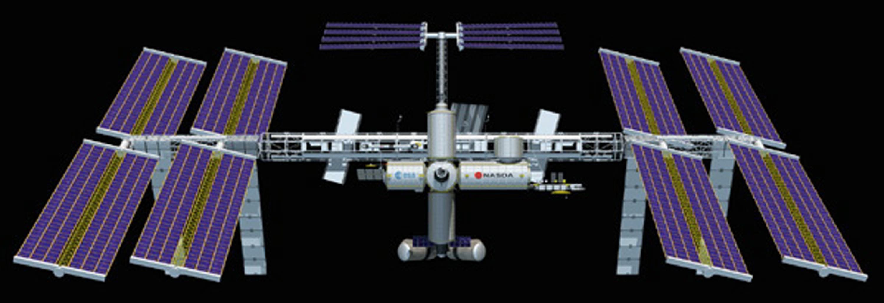 Pictured is an artist's concept of the International Space Station (ISS) with solar panels fully deployed. In addition to the use of solar energy, the ISS will employ at least three types of propulsiv