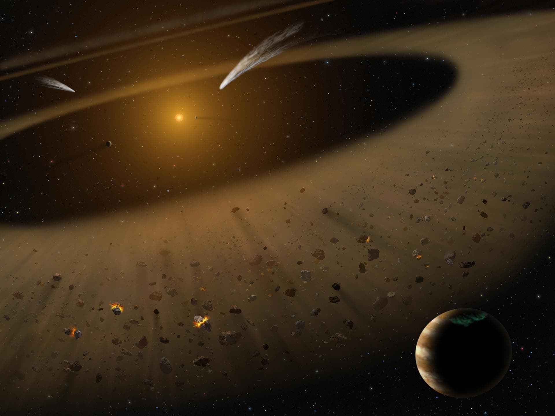 SCI2017_0004: Artist's illustration of the Epsilon Eridani system showing Epsilon Eridani b, right foreground, a Jupiter-mass planet orbiting its parent star at the outside edge of an asteroid belt. I