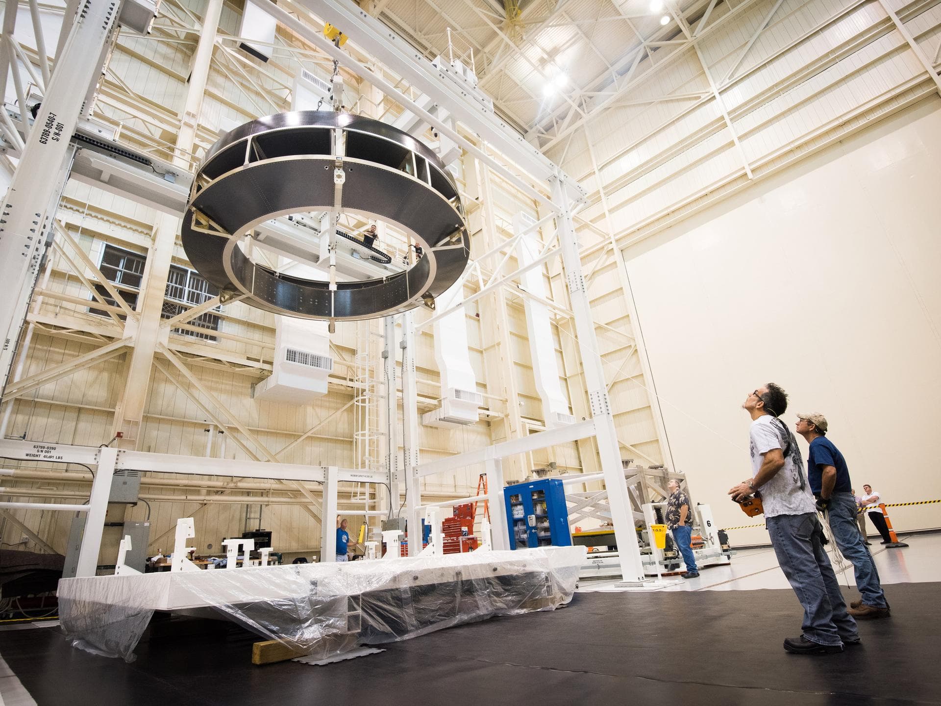 Offloading of the Orion Crew Module Adapter, CMA, at Plum Brook Station. The adapter will connect Orion’s crew module to a service module provided by ESA (European Space Agency). NASA is preparing for