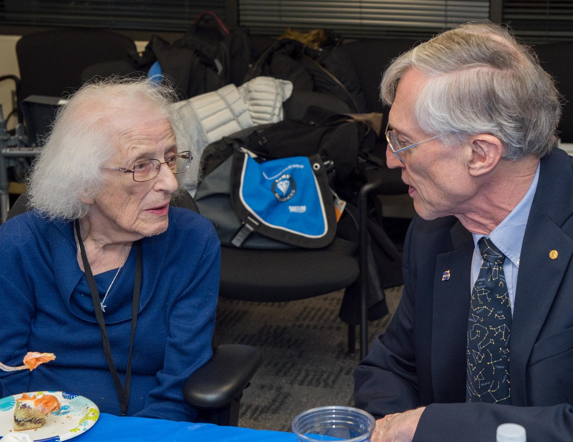 Dr. Nancy Grace Roman visits James Webb Space Telescope (JWST) and the Hubble Project Team. Dr. John Mather.