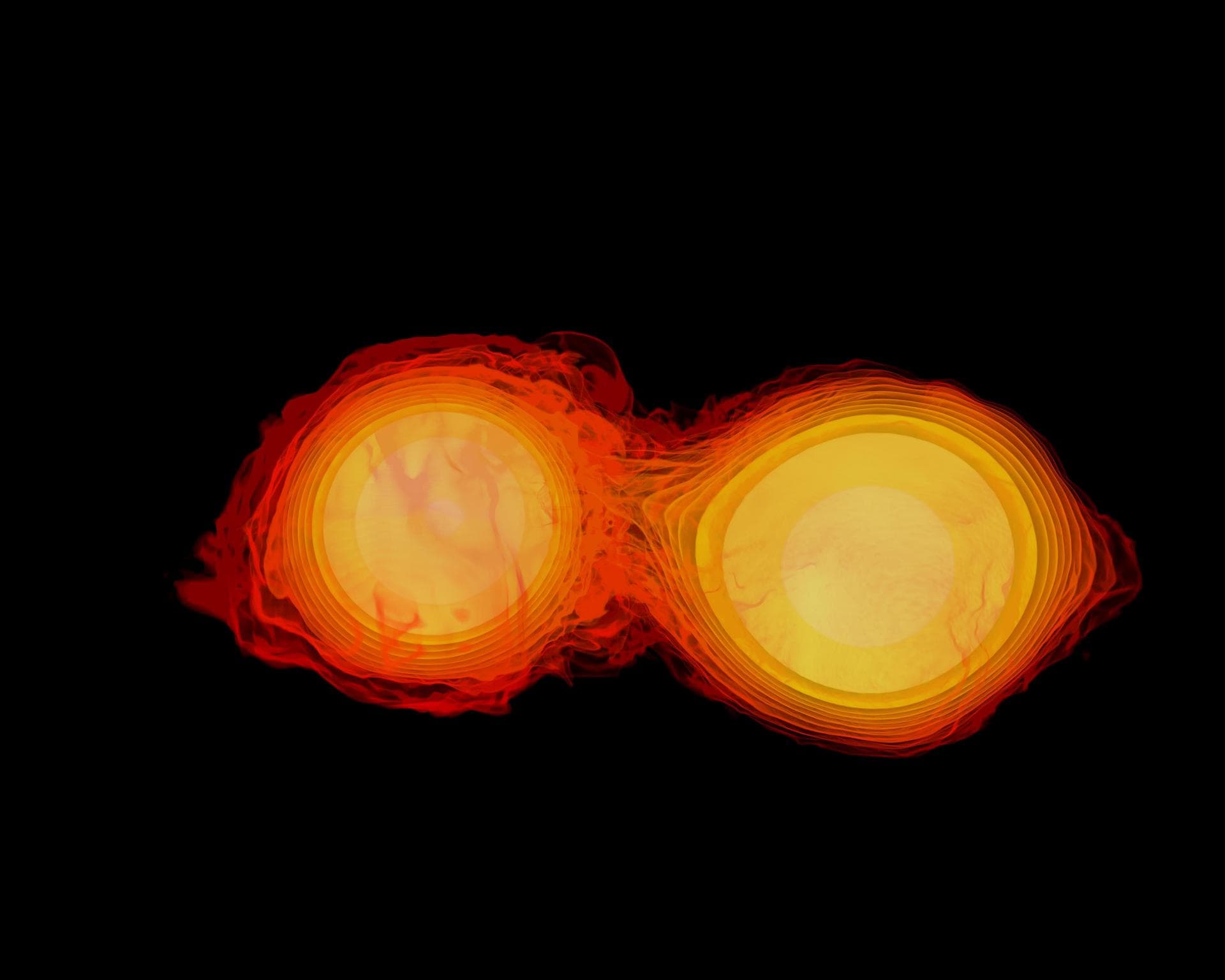 Simulation frames from this NASA Goddard neutron star merger animation: <a href="http://bit.ly/1jolBYY" rel="nofollow">bit.ly/1jolBYY</a> Credit: NASA's Goddard Space Flight Center This supercompute