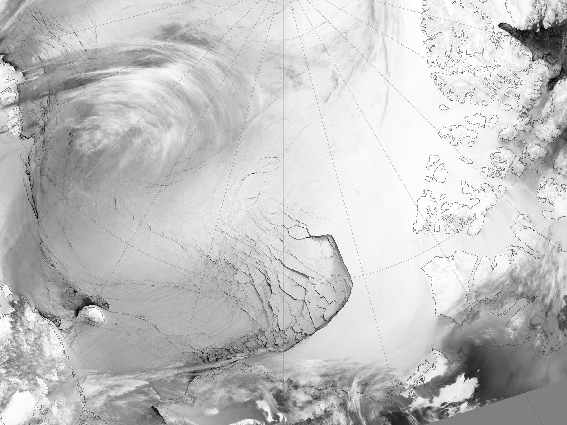 The Visible Infrared Imaging Radiometer Suite (VIIRS) on the Suomi NPP satellite captured this view of extensive sea-ice fracturing off the northern coast of Alaska. The event began in late-January an