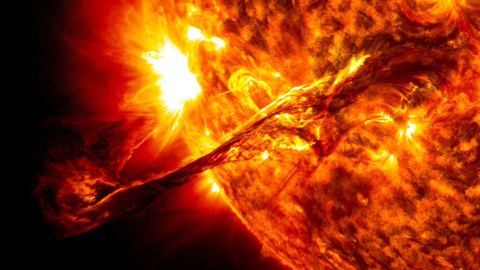 On Aug. 31, 2012, a giant prominence on the sun erupted, sending out particles and a shock wave that traveled near Earth. This event may have been one of the causes of a third radiation belt that appe