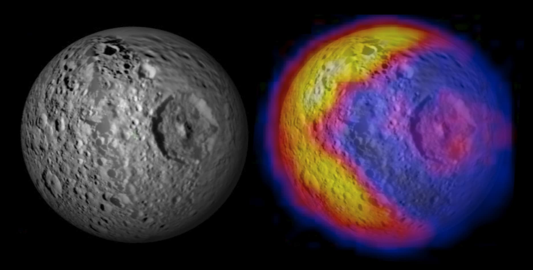 NASA release date March 29, 2010 The highest-resolution-yet temperature map and images of Saturn’s icy moon Mimas obtained by NASA’s Cassini spacecraft reveal surprising patterns on the surface of th