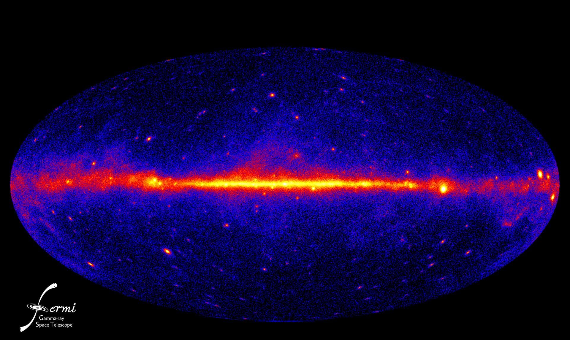 This view of the gamma-ray sky constructed from one year of Fermi LAT observations is the best view of the extreme universe to date. The map shows the rate at which the LAT detects gamma rays with ene