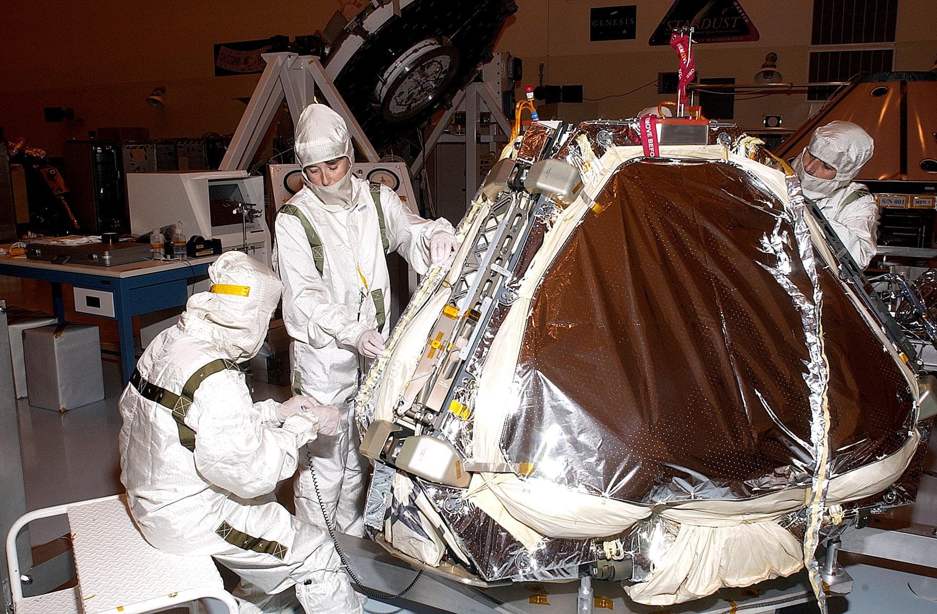 KENNEDY SPACE CENTER, FLA. - On Mars Exploration Rover 1 (MER-1) , air bags are installed on the lander. The airbags will inflate to cushion the landing of the spacecraft on the surface of Mars. Whe