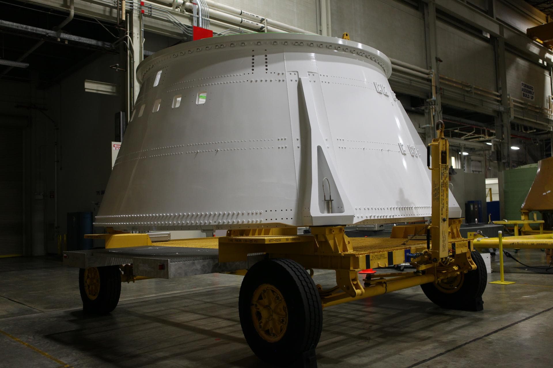 The right hand aft skirt for NASA's Space Launch System (SLS) rocket has been refurbished and painted and is ready for the assembly process in the Booster Fabrication Facility at the agency's Kennedy
