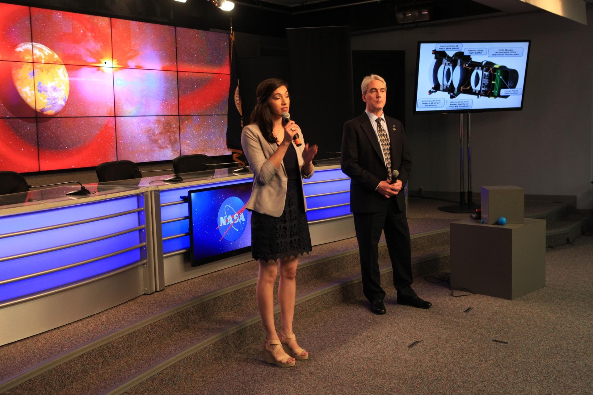 NASA and industry leaders speak to NASA Social participants about the agency's Transiting Exoplanet Survey Satellite (TESS) in the Press Site auditorium at Kennedy Space Center in Florida. Speaking to