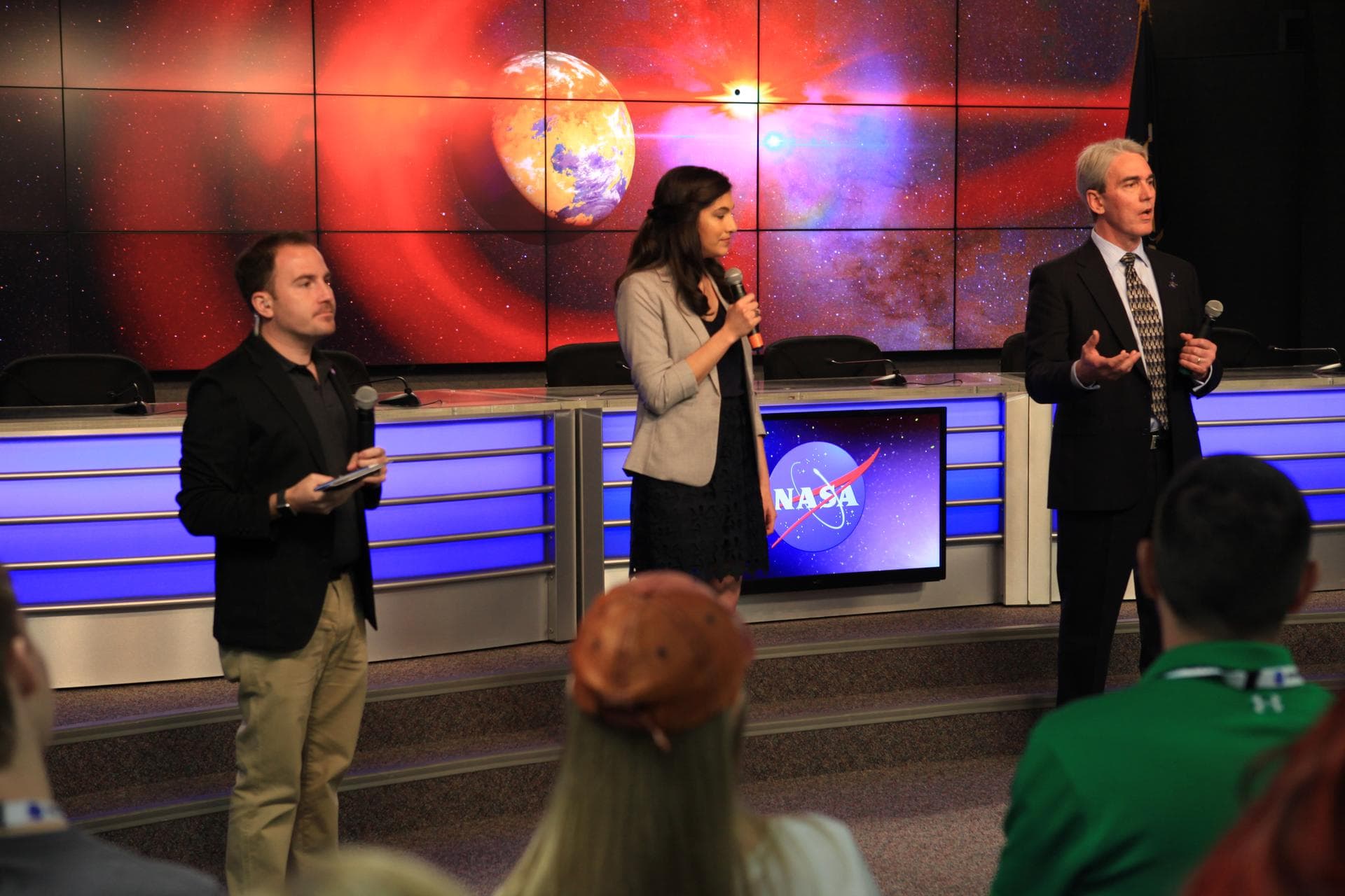 NASA and industry leaders speak to NASA Social participants about the agency's Transiting Exoplanet Survey Satellite (TESS) in the Press Site auditorium at Kennedy Space Center in Florida. Speaking to