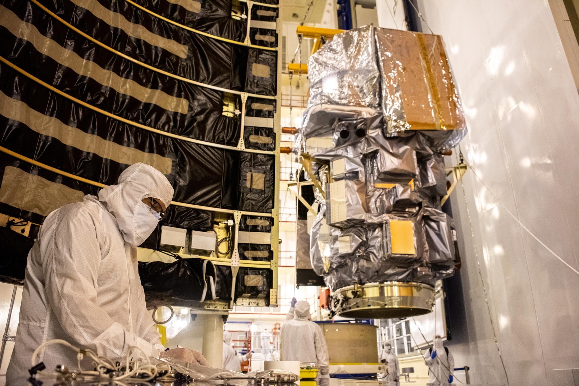 The Landsat 9 PSR to EFS C29 lift and mate inside the Integrated Processing Facility at Vandenberg Space Force Base in California.