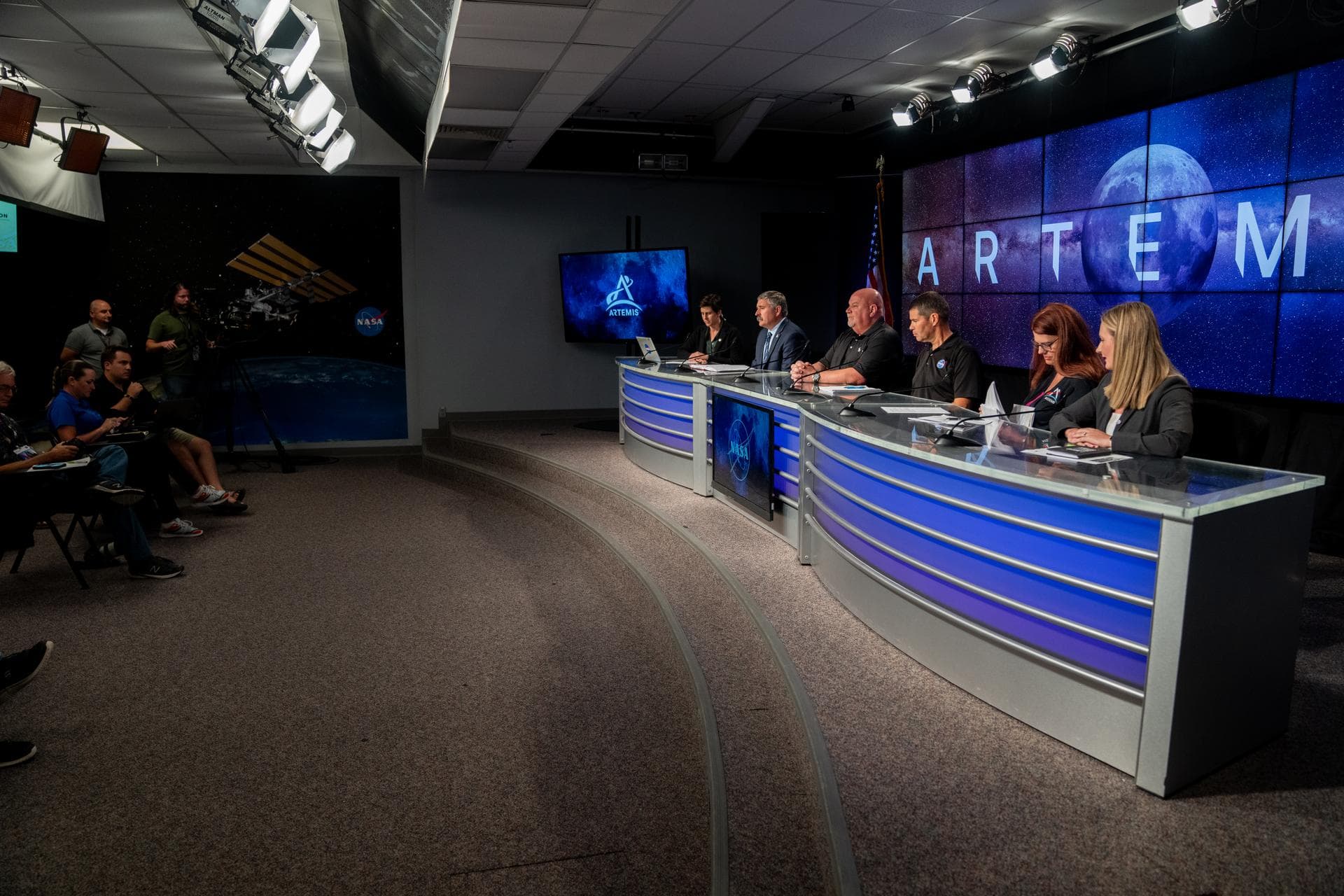 A prelaunch media briefing is held following a mission management team meeting for Artemis I on Sept. 1, 2022, at NASA’s Kennedy Space Center in Florida. Participants are, from left, Rachel Kraft, NAS