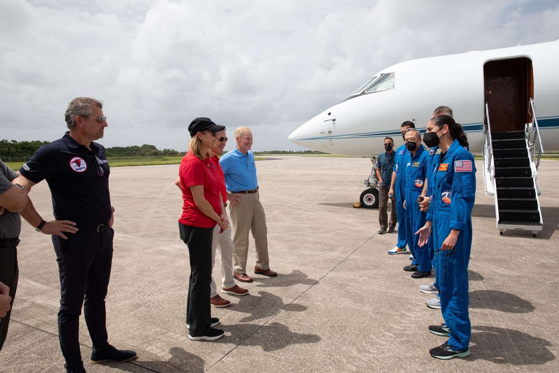 Leaders from NASA, ESA (European Space Agency), and JAXA (Japanese Aerospace Exploration Agency) greet the crew members of NASA’s SpaceX Crew-7 mission after their arrival to the Florida spaceport on
