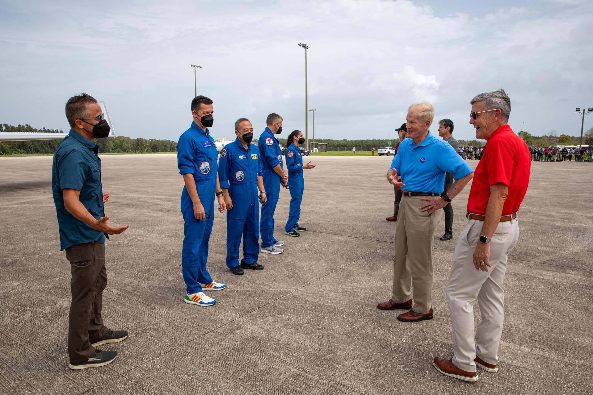 Leaders from NASA, ESA (European Space Agency), and JAXA (Japanese Aerospace Exploration Agency) greet the crew members of NASA’s SpaceX Crew-7 mission after their arrival to the Launch and Landing Fa
