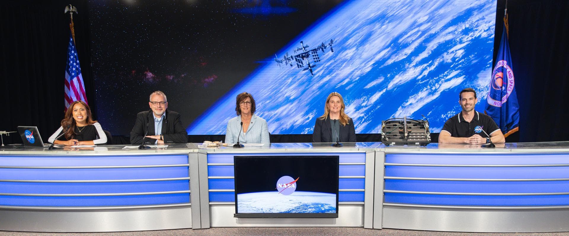 NASA leaders participate in an International Space Station 101 Panel Livestream inside the John Holliman Auditorium of the News Center at the agency’s Kennedy Space Center in Florida on Friday, Sept.