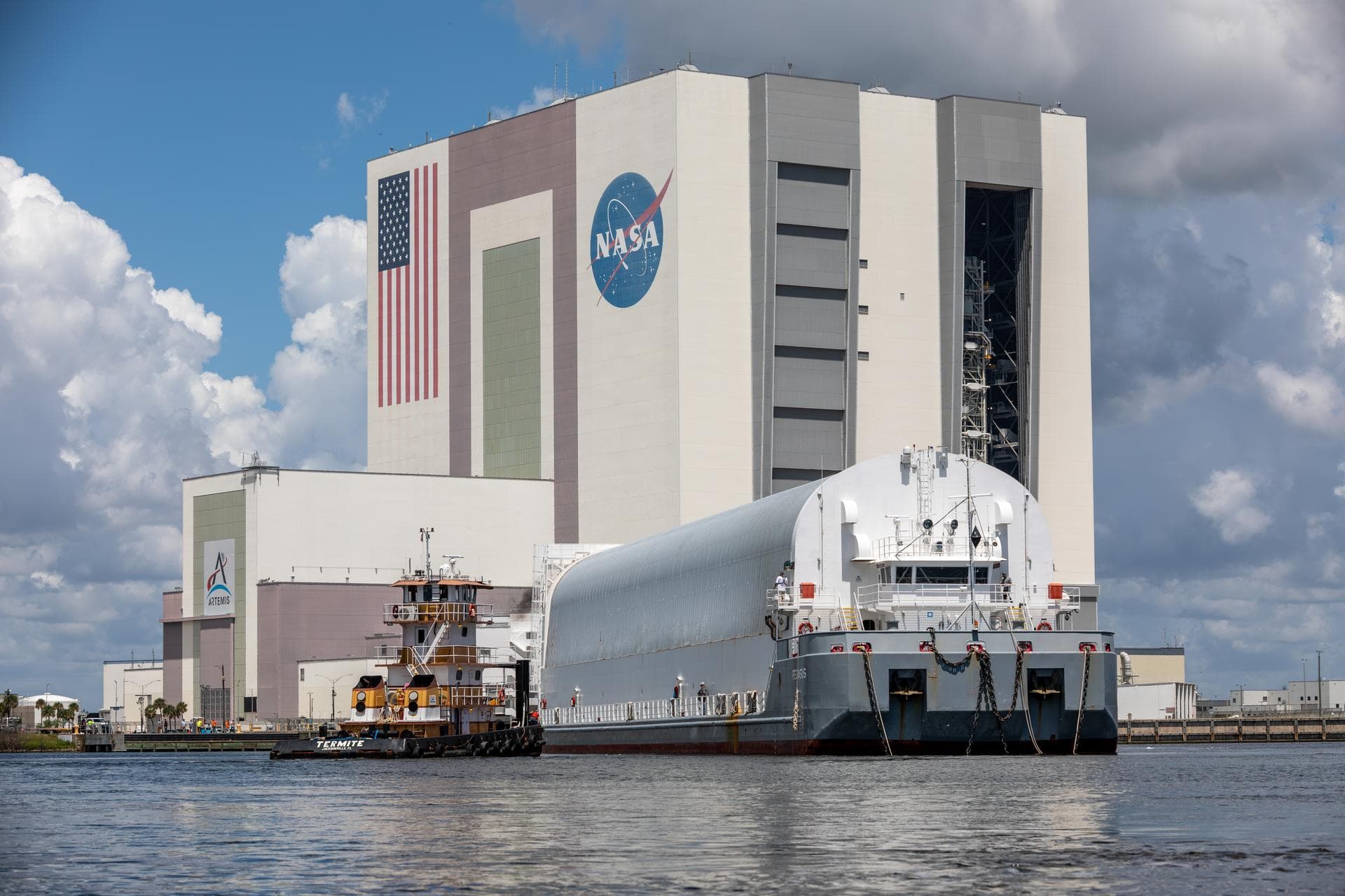 NASA’s Pegasus barge arrives at the Launch Complex 39 turn basin at the agency’s Kennedy Space Center in Florida carrying NASA’s Nancy Grace Roman Space Telescope on Sunday, June 21, 2026. Teams will
