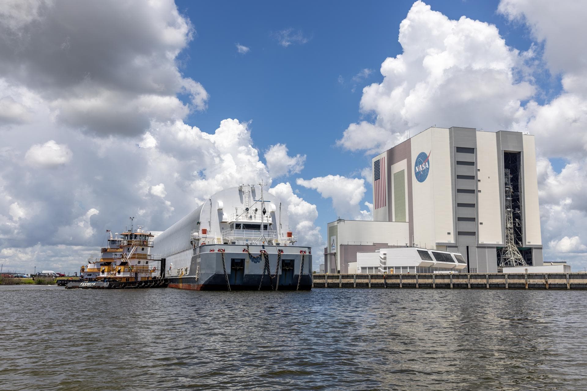 NASA’s Pegasus barge arrives at the Launch Complex 39 turn basin at the agency’s Kennedy Space Center in Florida carrying NASA’s Nancy Grace Roman Space Telescope on Sunday, June 21, 2026. Teams will