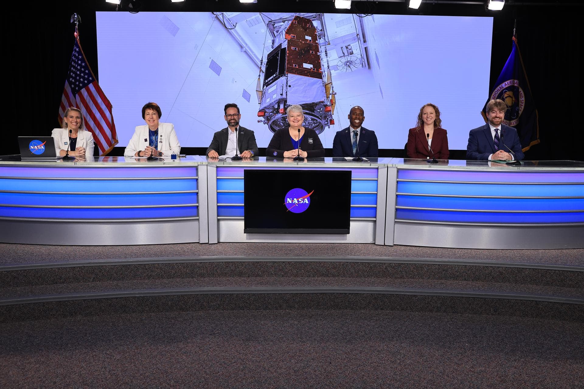 From left, Leah Martin, NASA Communications; Nicky Fox, associate administrator, Science Mission Directorate, NASA Headquarters in Washington; Lucas Paganini, Roman telescope program executive, NASA H