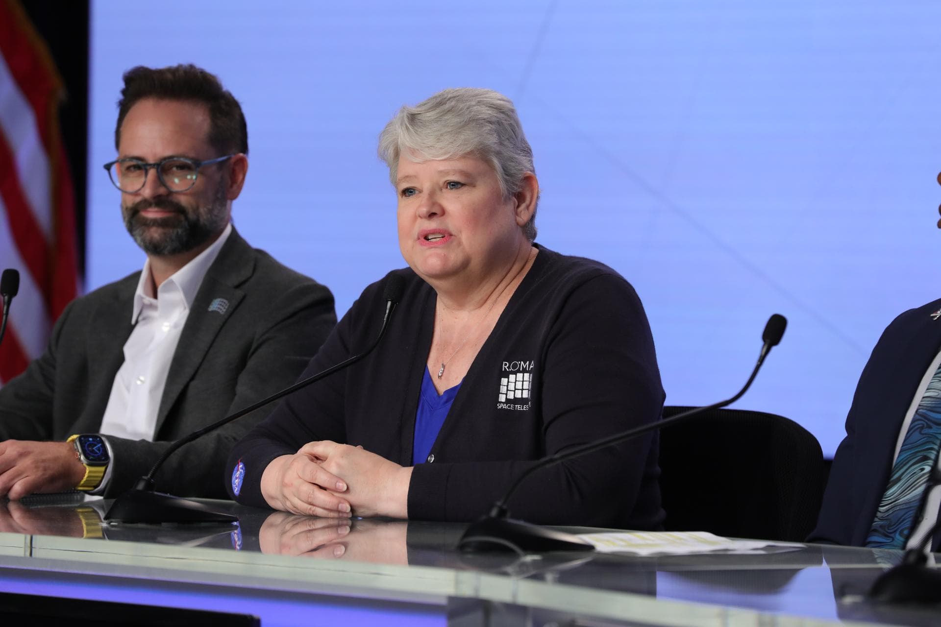 From left, Lucas Paganini, Roman telescope program executive, NASA Headquarters in Washington, and Jackie Townsend, Roman telescope project manager, NASA’s Goddard Space Flight Center in Greenbelt, Ma