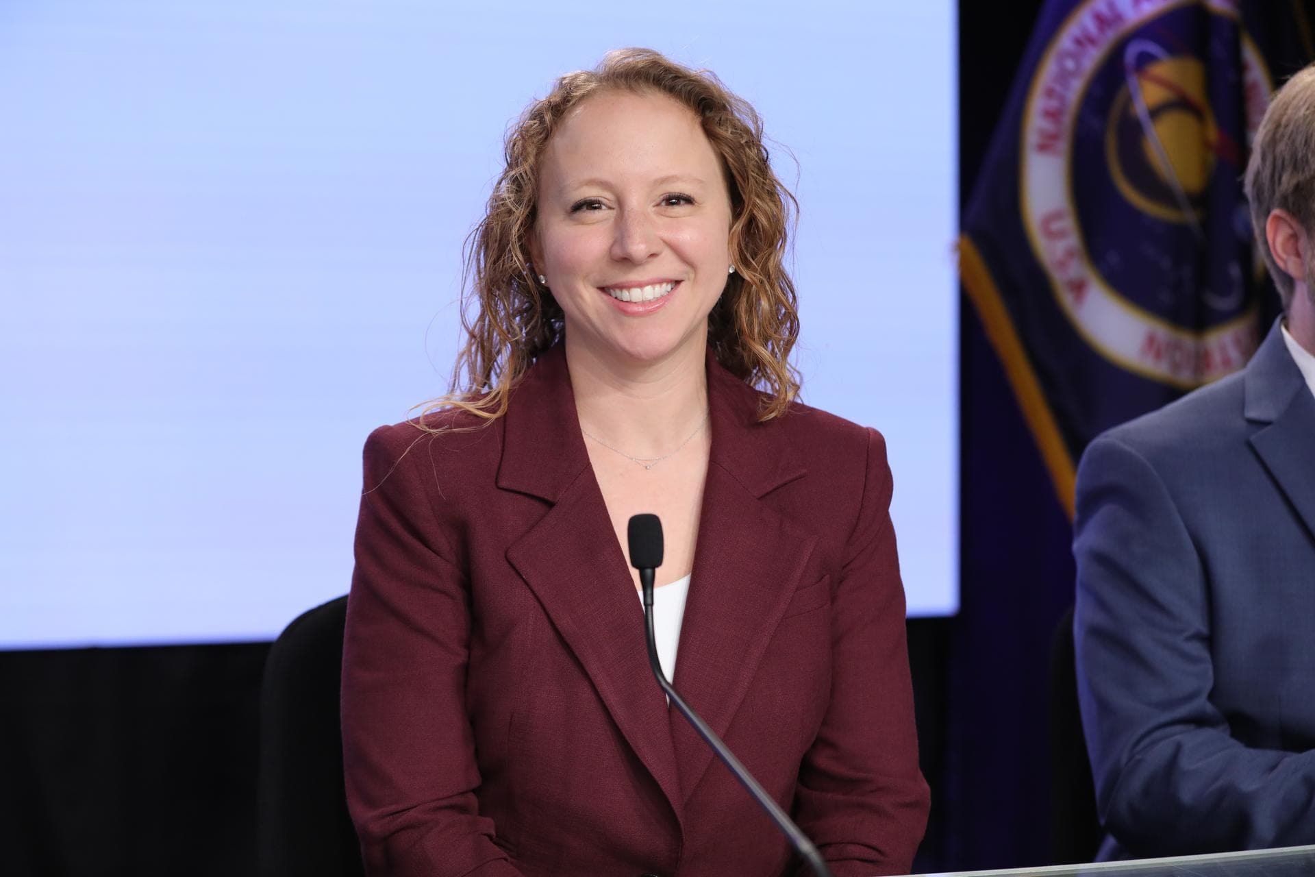 Julianna Scheiman, director, NASA Science and Dragon Programs, SpaceX, participates in a prelaunch news conference for the agency’s Nancy Grace Roman Space Telescope inside the NASA News Center’s John