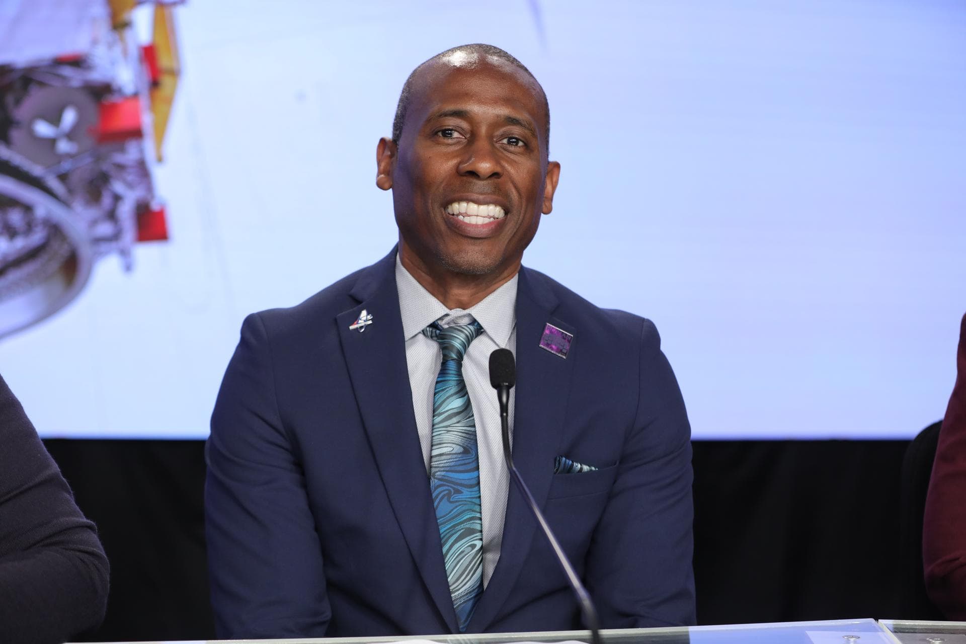 Denton Gibson, launch director, NASA’s Launch Services Program, Kennedy Space Center in Florida, participates in a prelaunch news conference for the agency’s Nancy Grace Roman Space Telescope inside t