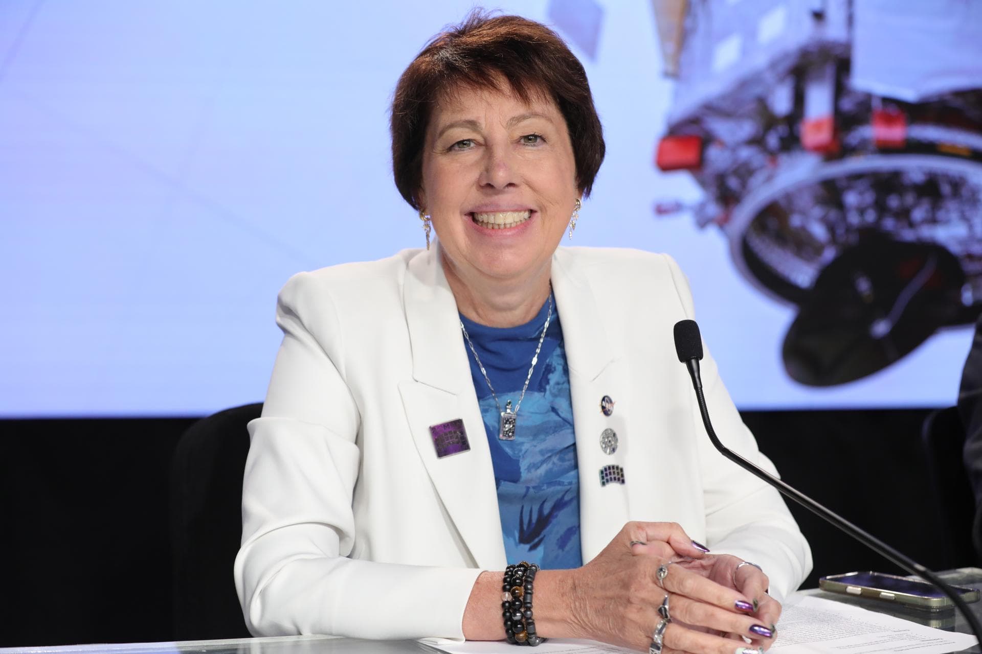 Nicky Fox, associate administrator, Science Mission Directorate, NASA Headquarters in Washington, participates in a prelaunch news conference for the agency’s Nancy Grace Roman Space Telescope inside