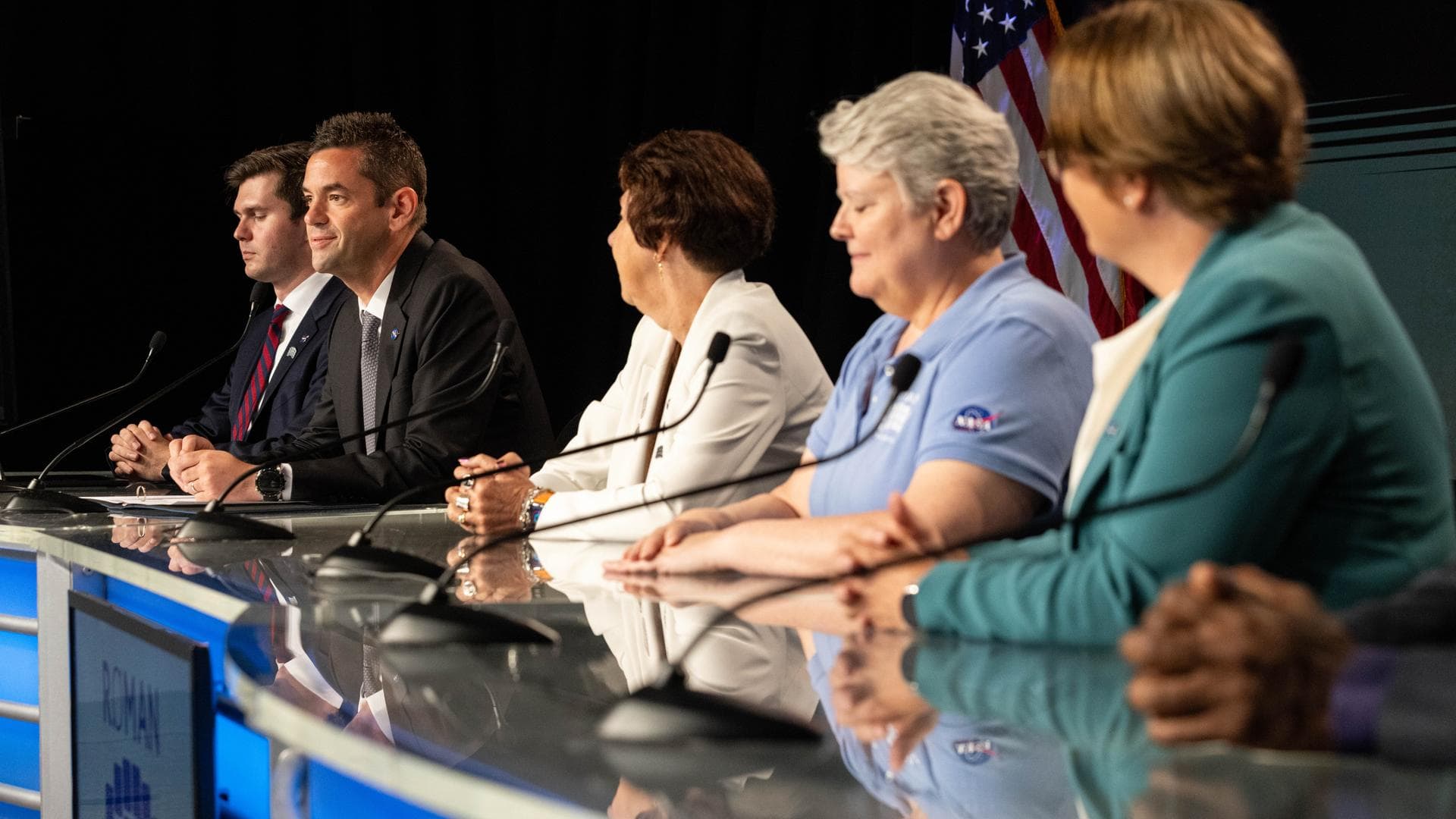 From left, George Alderman, NASA Deputy Press Secretary; NASA Administrator Jared Isaacman; Nicky Fox, associate administrator, Science Mission Directorate, NASA Headquarters in Washington; Jackie Tow