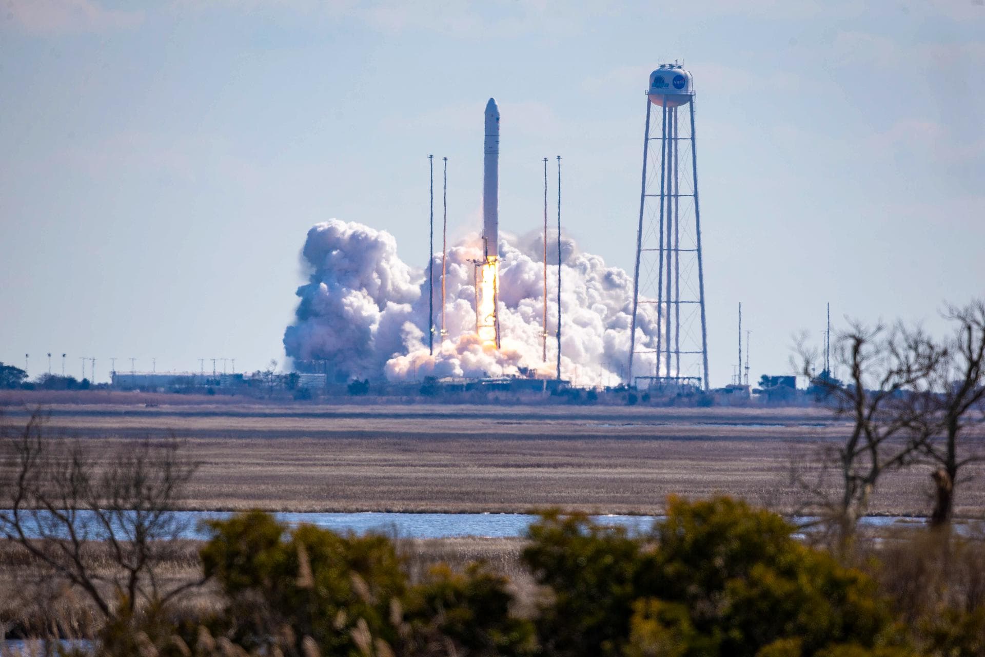 The Northrop Grumman Antares rocket, with Cygnus resupply spacecraft aboard, launches from Pad-0A, Saturday, Feb. 20, 2021, at NASA's Wallops Flight Facility in Virginia. Northrop Grumman's 15th contr