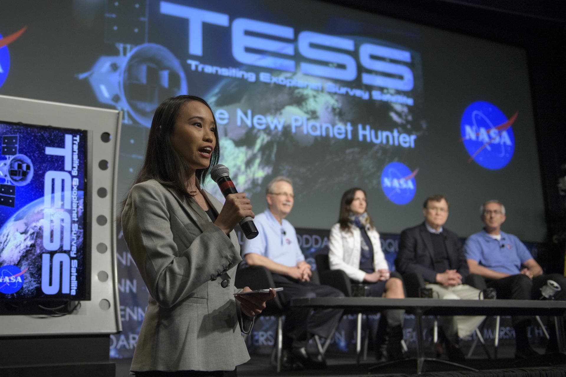 NASA Public Affairs Officer Felicia Chou moderates a media briefing where astrophysics experts discuss the upcoming launch of NASA’s next planet hunter, the Transiting Exoplanet Survey Satellite (TESS