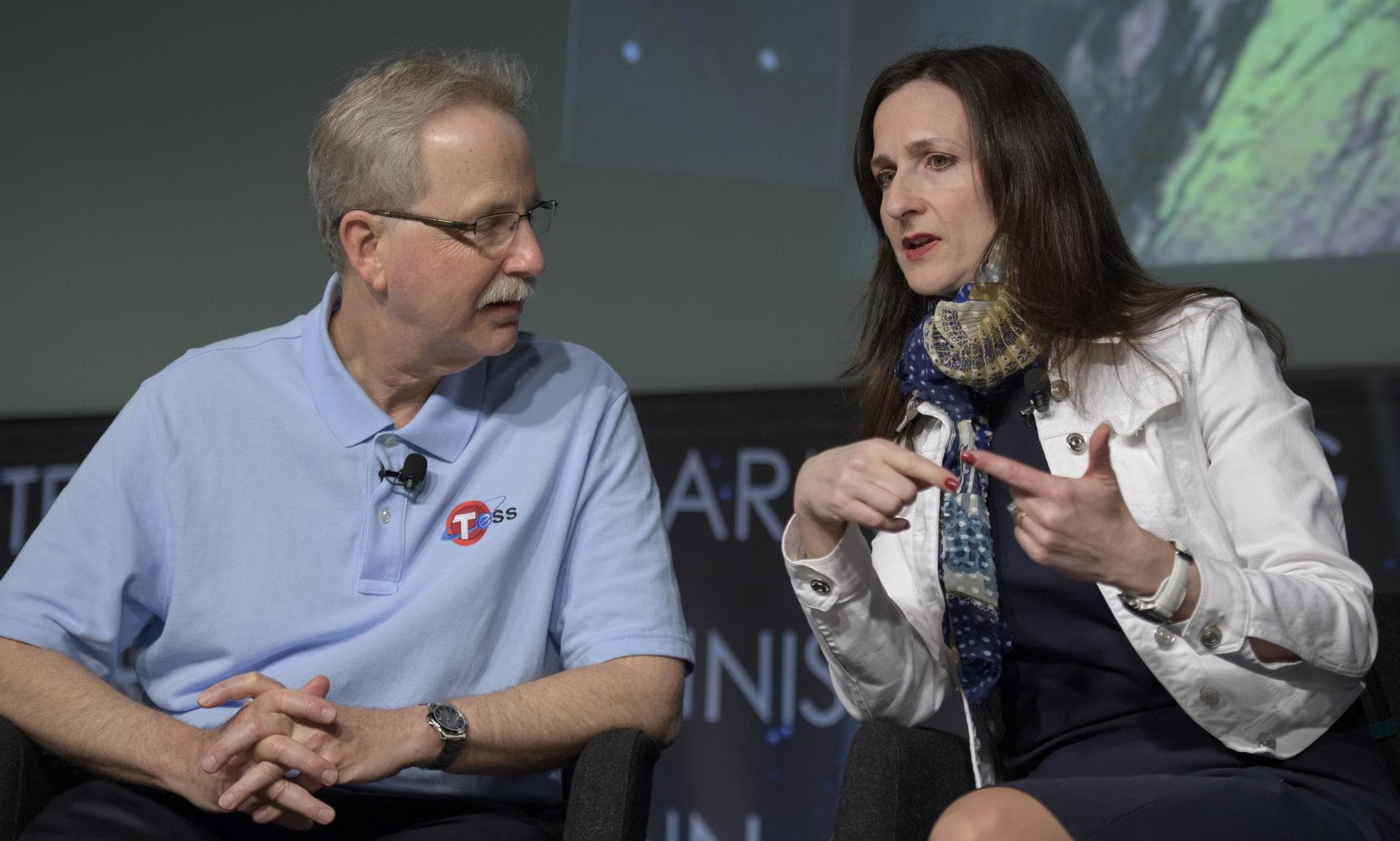 NASA Astrophysics Division director Paul Hertz, left, and Sara Seager, TESS deputy director of science, MIT, discuss the upcoming launch of NASA’s next planet hunter, the Transiting Exoplanet Survey S